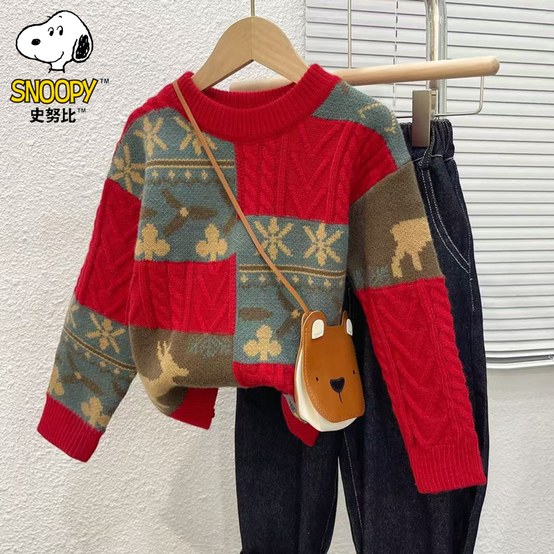 Snoopy/史努比红色儿童毛衣男女童针织衫时髦秋冬宝宝毛线衣洋气