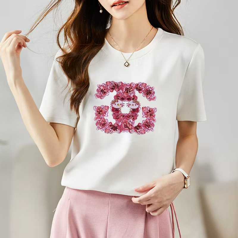 【繁花】天丝面膜t2025春夏新品刺绣女式宽松正肩T恤
