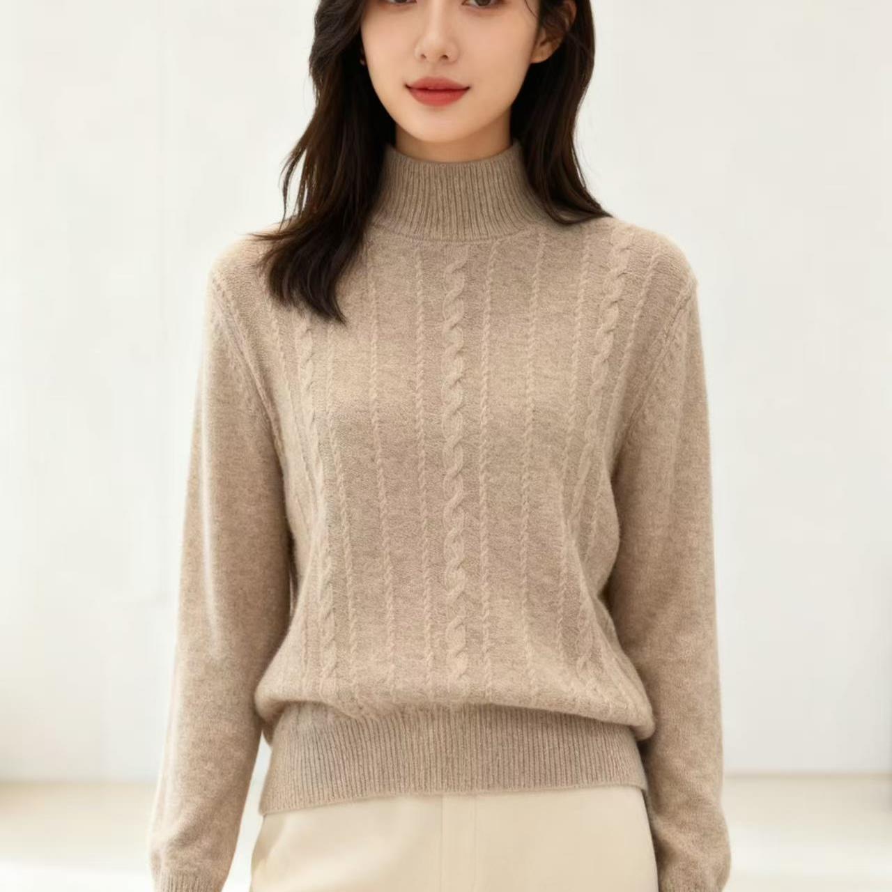 9269-（绞花针织）（卡其）羊毛衫