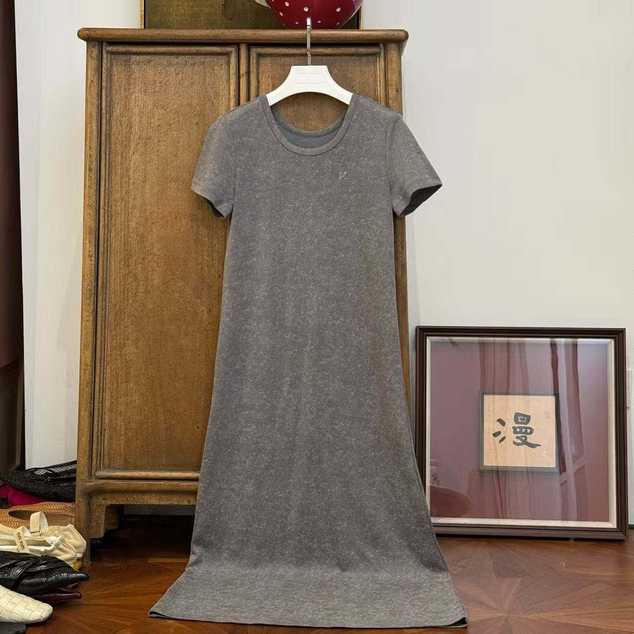MYL 2025夏季新品涤棉灰色连衣裙圆领短袖套头长款时尚休闲T恤裙