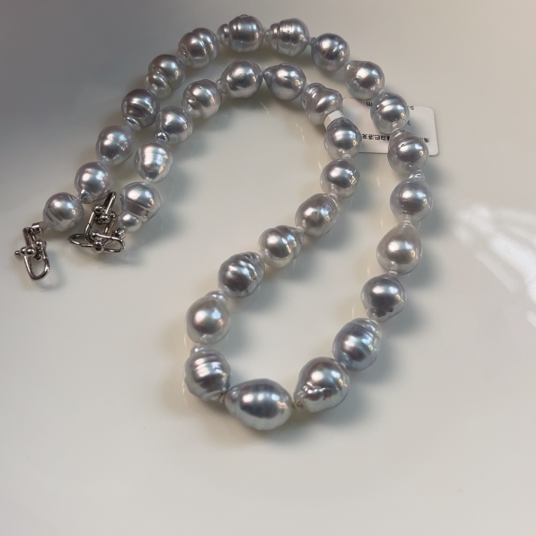 银S925镶嵌海水珍珠颈饰澳白螺纹巴洛克9-12