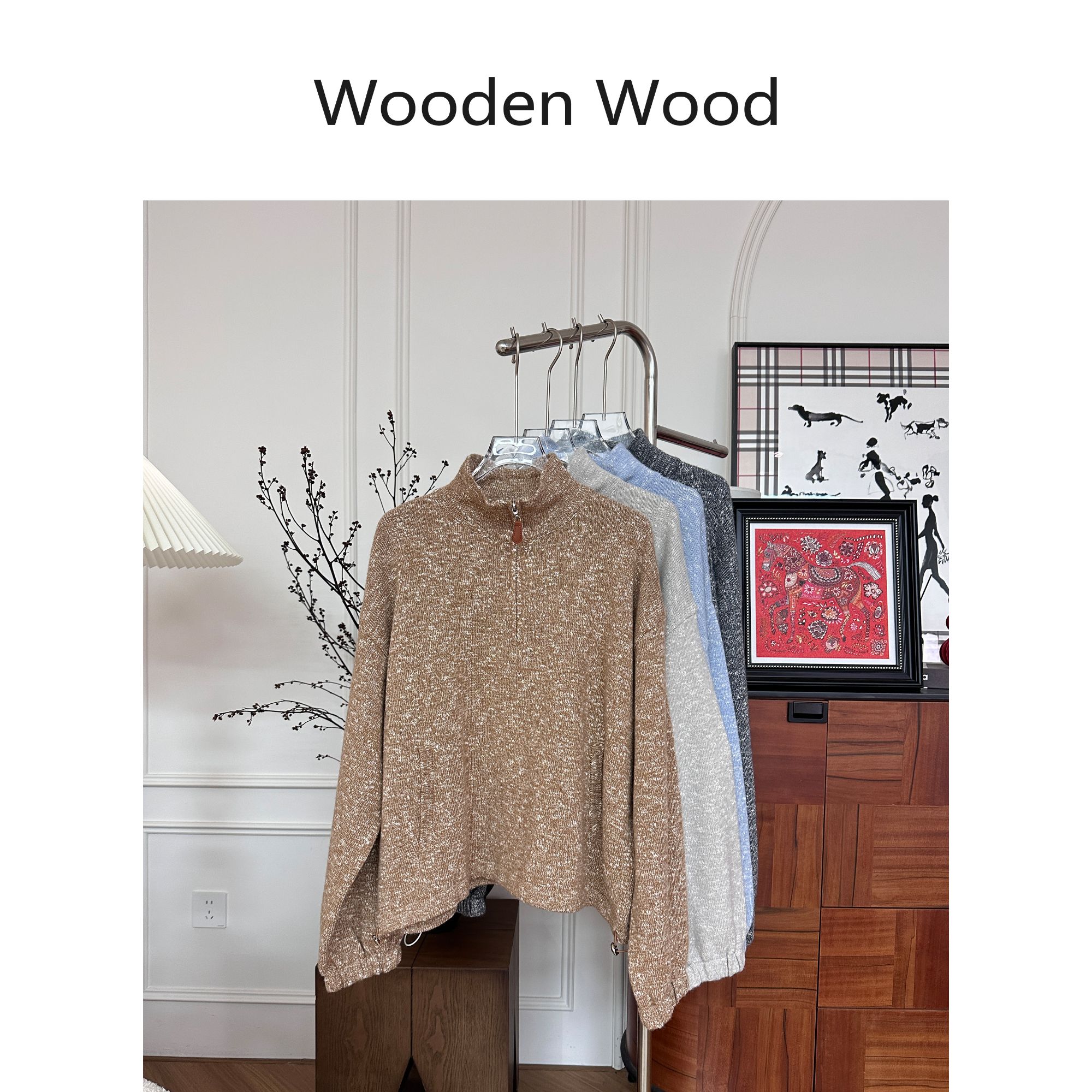 Wooden Wood“岁月珍宝”春秋休闲灰立领女厚款套头针织长袖P25709