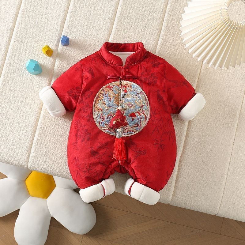 宝宝冬季红色新年新生儿哈衣抓周岁礼服满月婴儿加厚连体衣拜年服