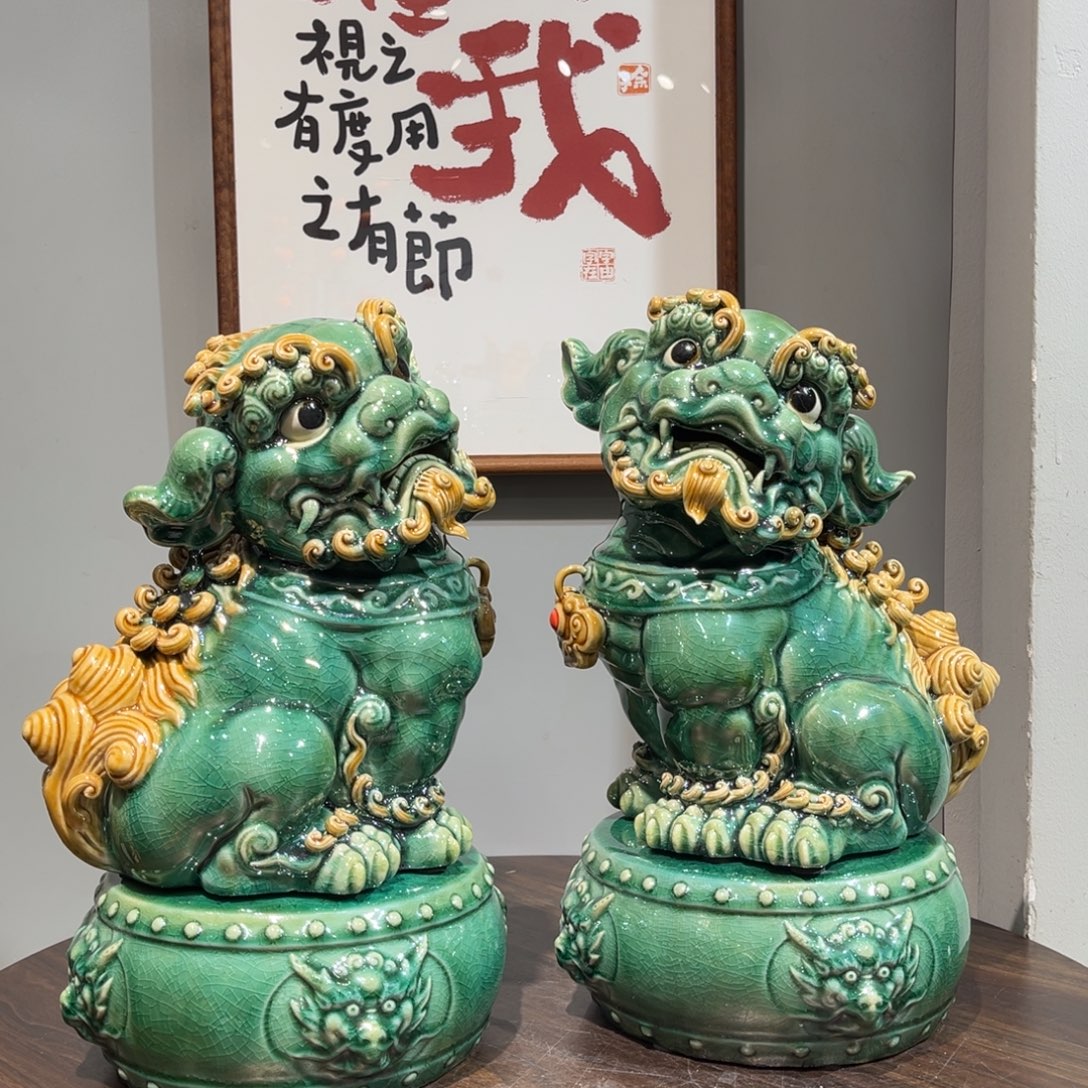 蟹***肉陶瓷狮子带鼓一对石湾陶
