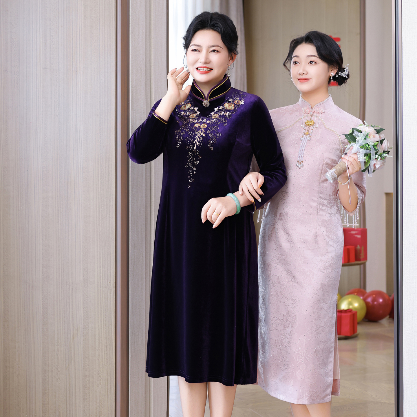 喜妈妈高贵丝绒连衣裙女喜婆婆礼服婚宴装结婚喜服裙子FX36-A164