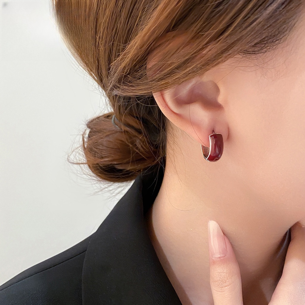 足银耳饰 999纯银安可拉红滴釉素圈耳扣女轻奢高级感气质时尚耳环