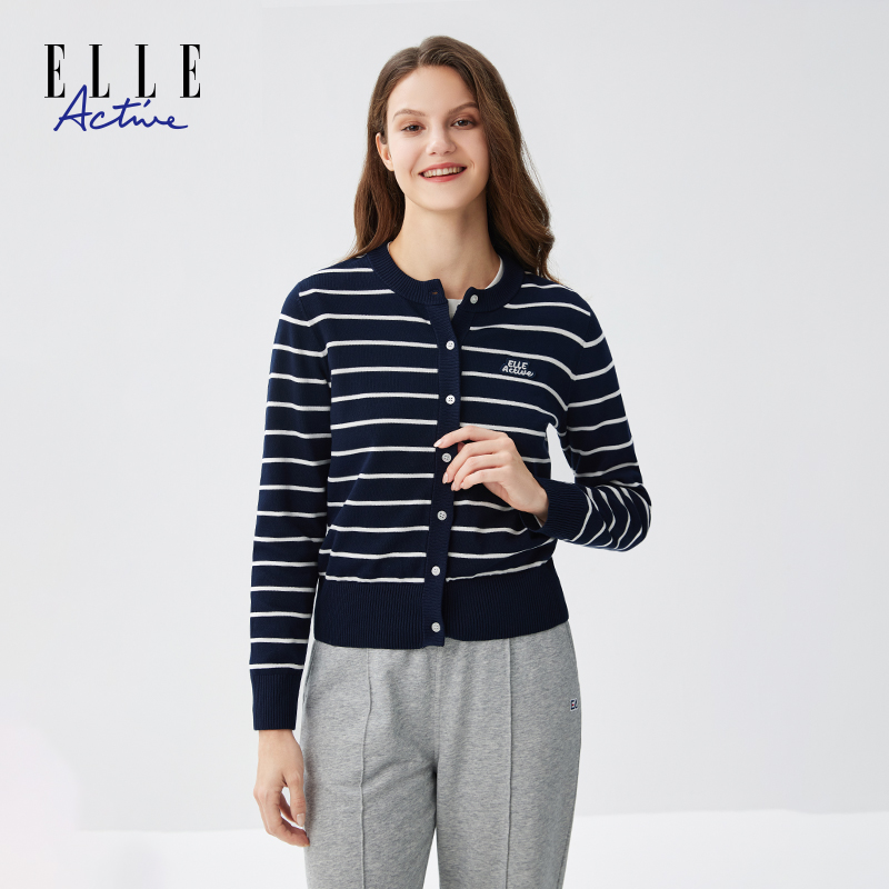 ELLE Active经典条纹圆领开衫休闲通勤女士针织衫时尚外套空调衫