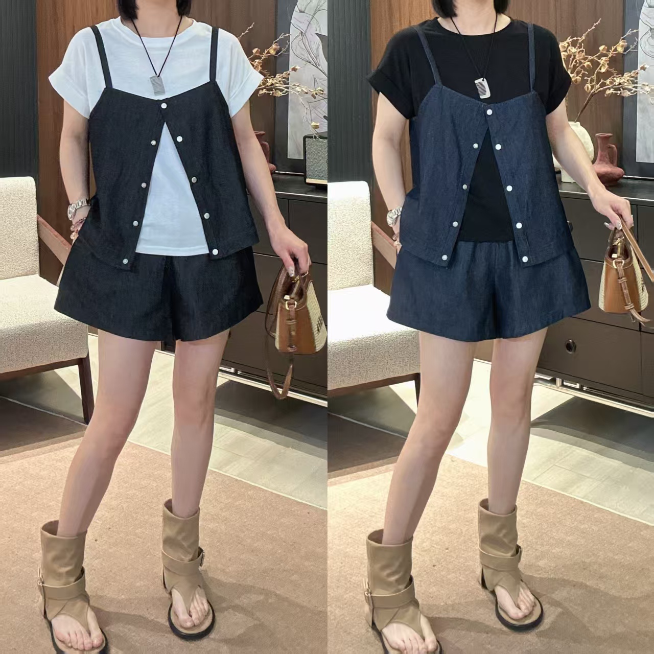 Dayuan 百搭可脱卸牛仔短袖上衣短裤三件套504031