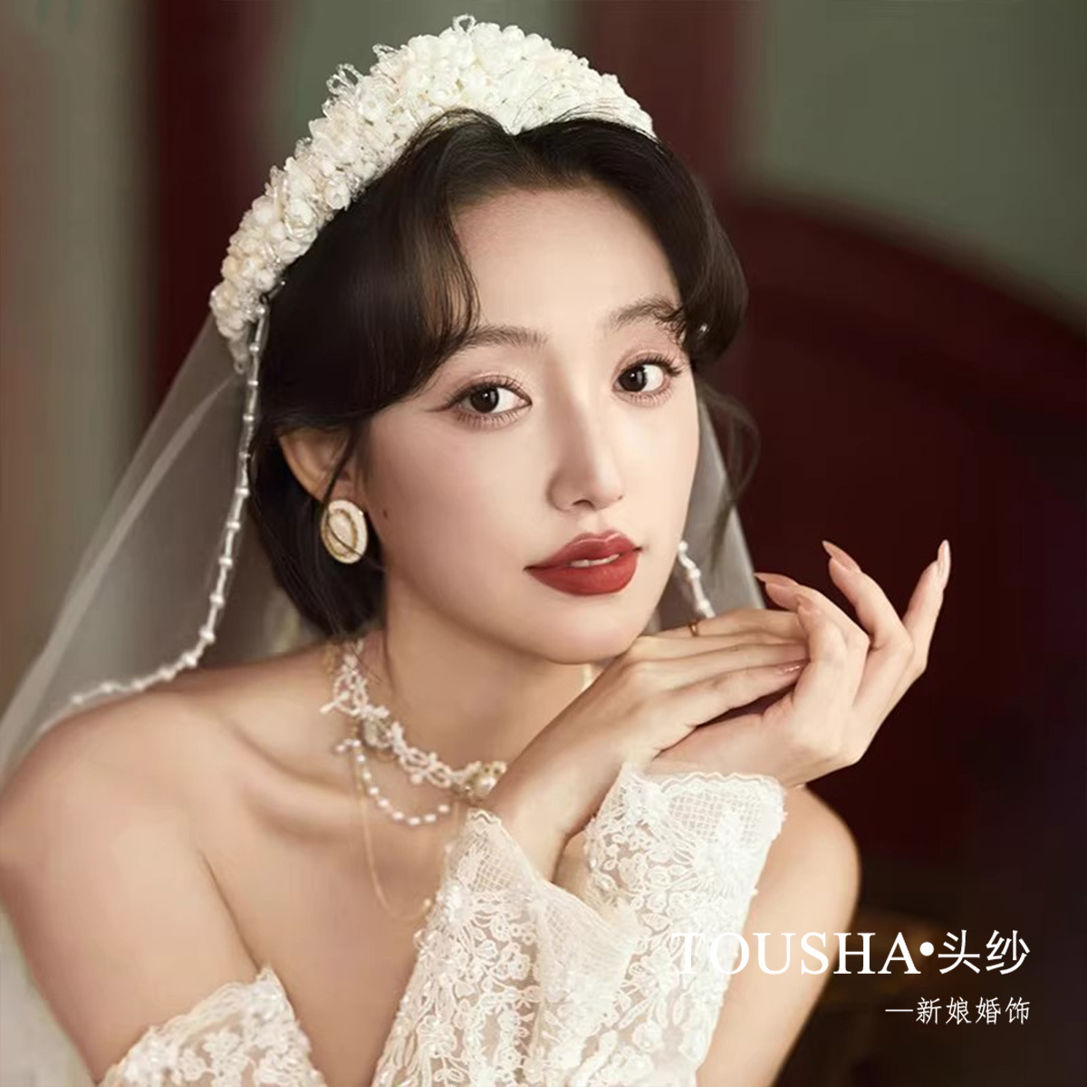 铃兰花朵甜美韩系风格头纱新娘结婚拍照头饰婚纱摄影楼跟妆配饰品