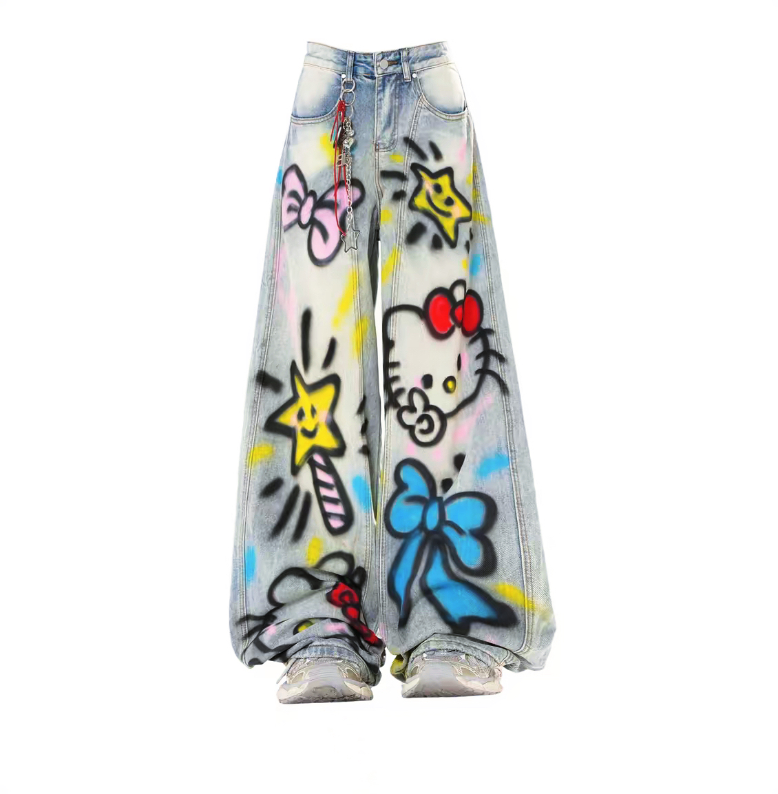 趣味涂鸦星星kitty弯刀牛仔裤男女同款宽松高街风1129阔腿裤子