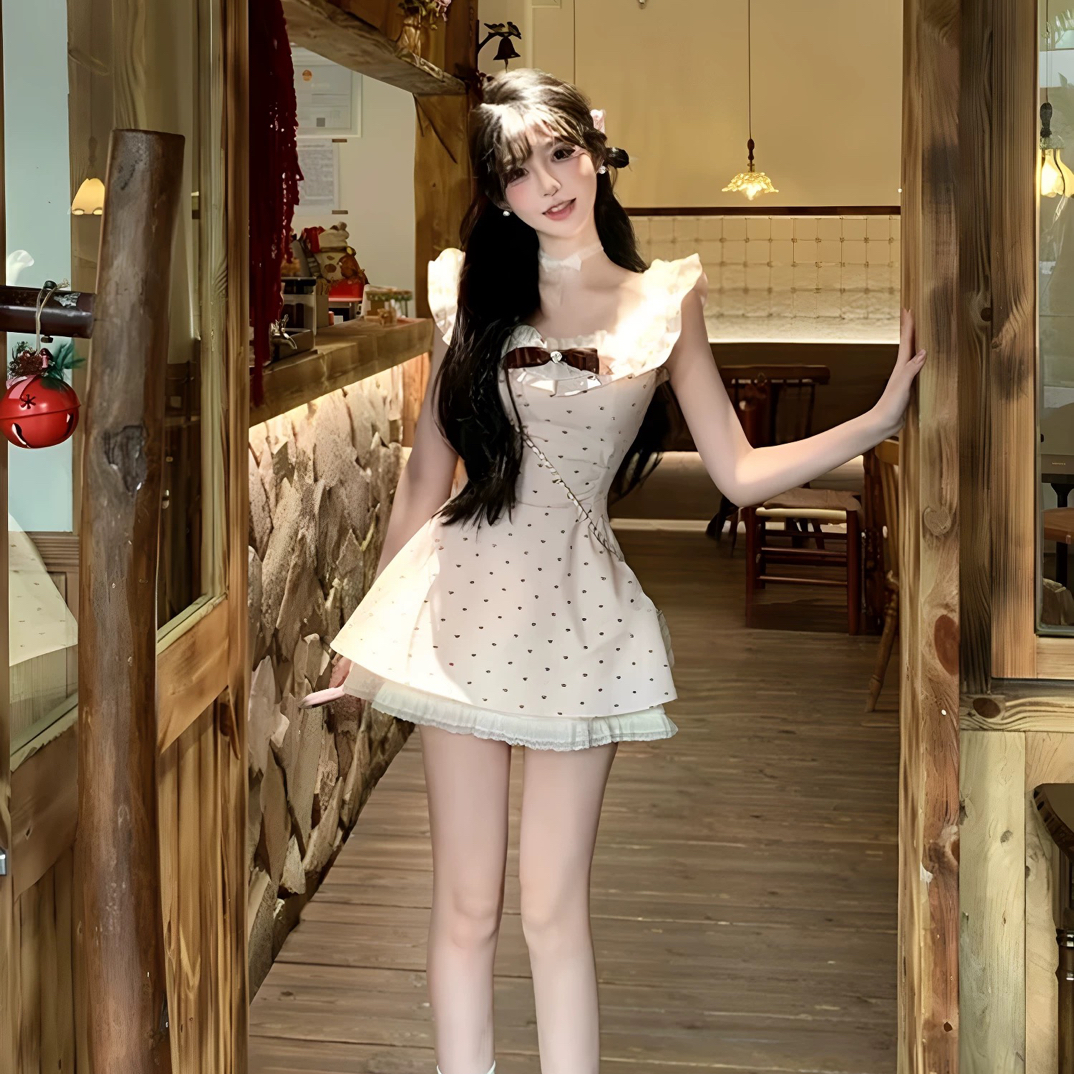 小个子收腰显瘦修身纯欲风甜美可爱波点短款连衣裙女夏