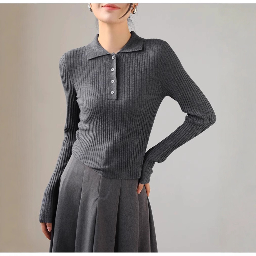 法式复古POLO领坑条长袖时尚针织衫女春秋简约修身内搭打底衫上衣