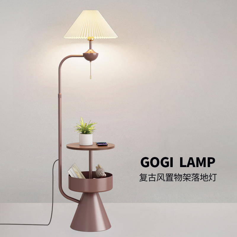 复古美式百褶落地灯中古卧室床头置物架一体灯客厅沙发边立式台灯