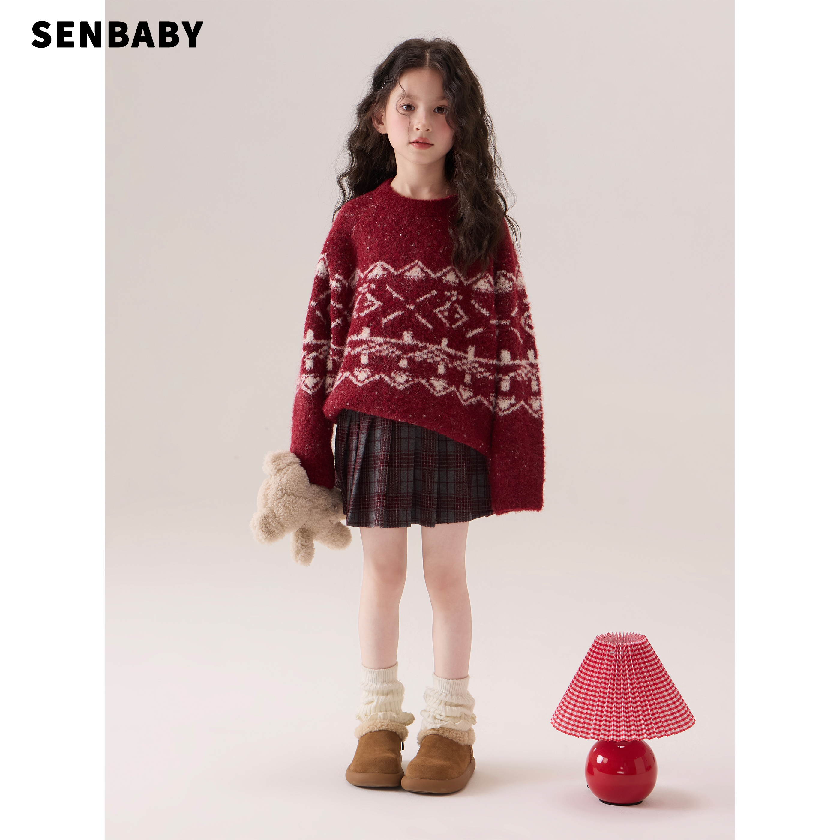 senbaby童装女童圣诞风针织衫2025新年套头圣诞费尔岛毛衣