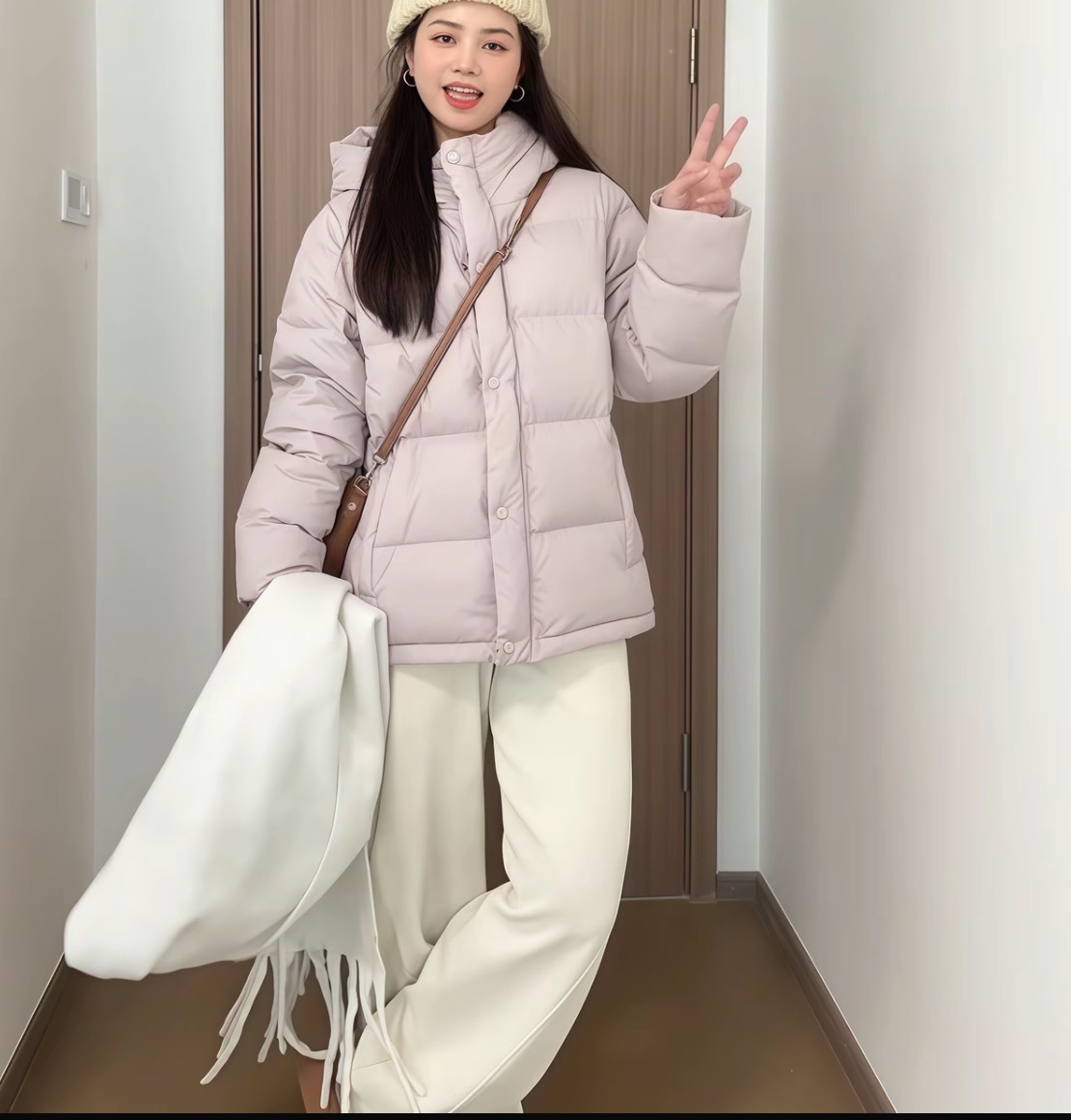 韩版短款保暖连帽高腰宽松加厚收腰直筒宽松棉服