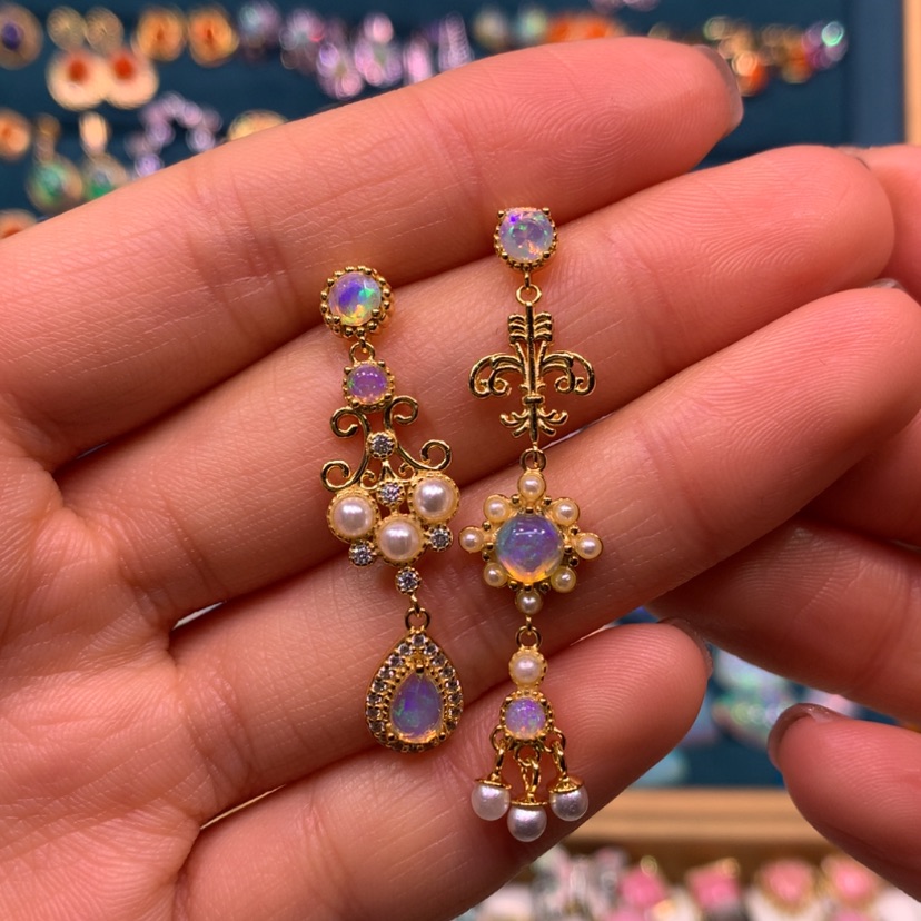 【闪购商品】欧泊耳钉款式银S925镀金镶嵌