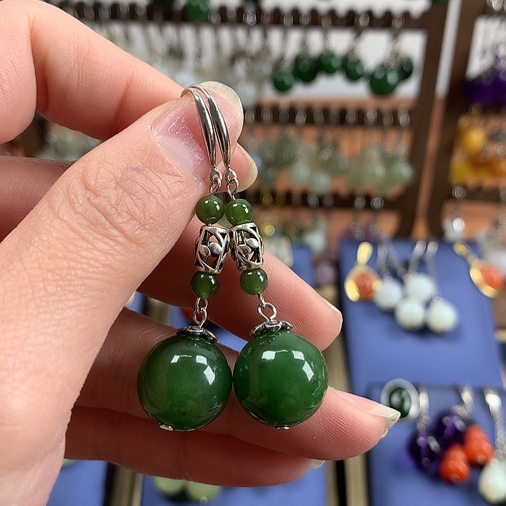 和田玉耳饰银S925镶嵌14左右