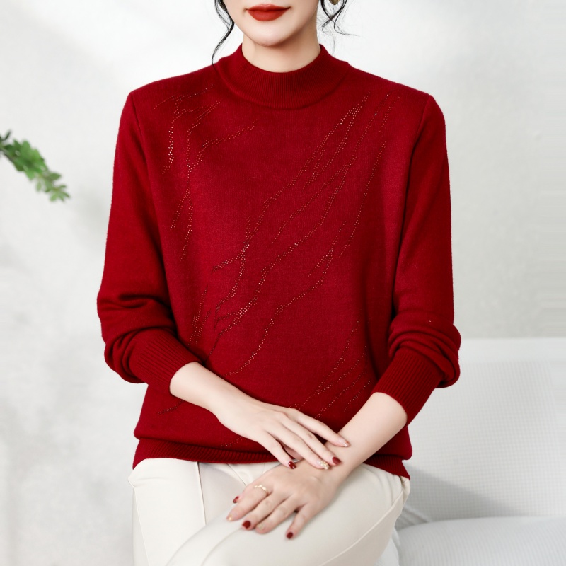 妈妈秋冬装加绒加厚半高领针织毛衣中老年女装一体绒洋气保暖上衣
