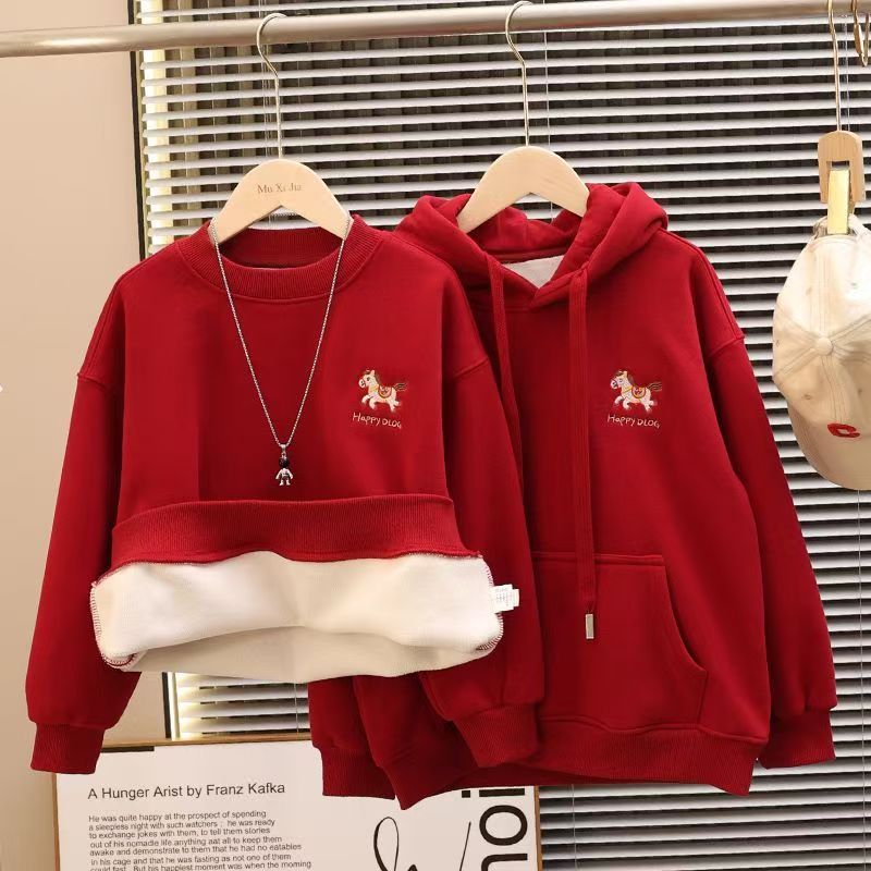 圣诞新年款冬季男女通用中大童国朝休闲风拜年服卫衣加绒加厚卫衣