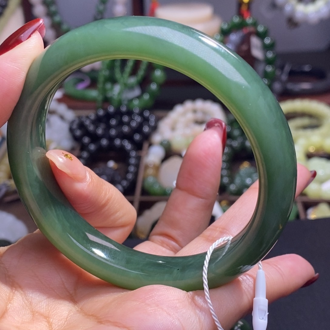 和田玉毕业级老矿料碧玉猫眼手镯59.8未镶嵌安*子