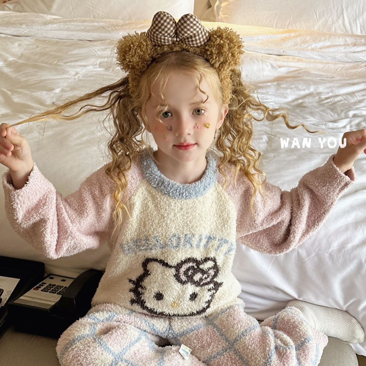 【艾柚】IU冬季治愈系半边绒甜美亲子儿童保暖家居服睡衣套装WY150