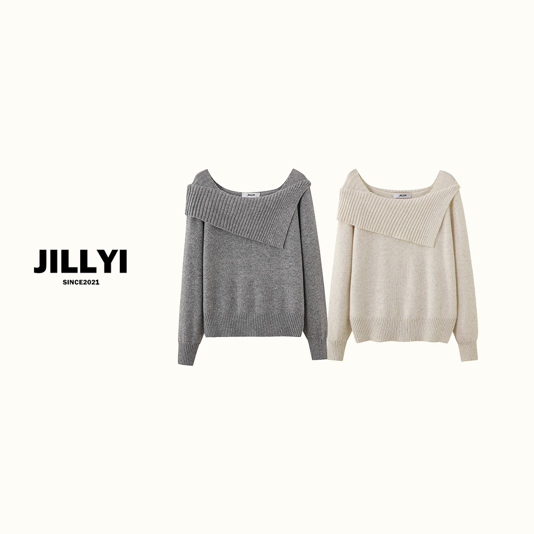 jillyi【双色苏打】双色不规则领纯欲风时尚百搭针织衫秋季少女风