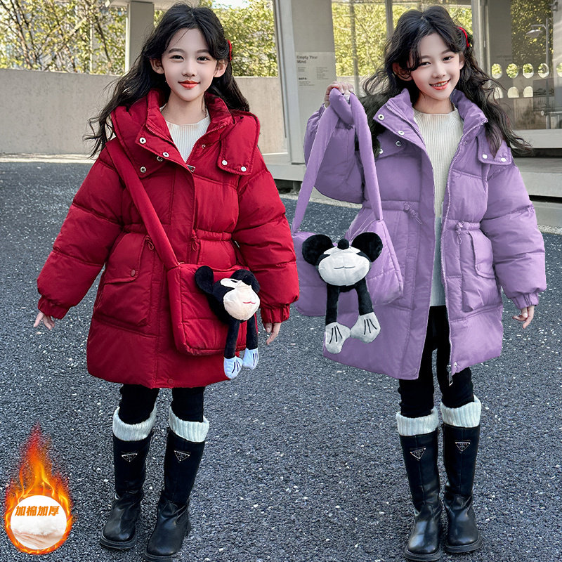 【送米奇包包】女童棉衣冬装2025新款加厚棉袄中大童装红色加绒棉服