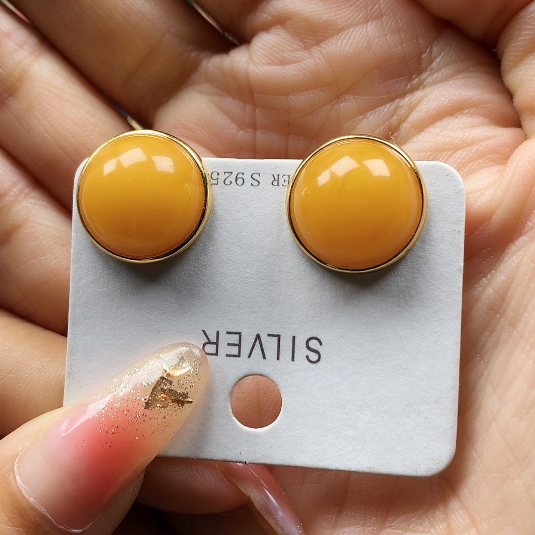 蜜蜡耳饰银S925镶嵌耳钉