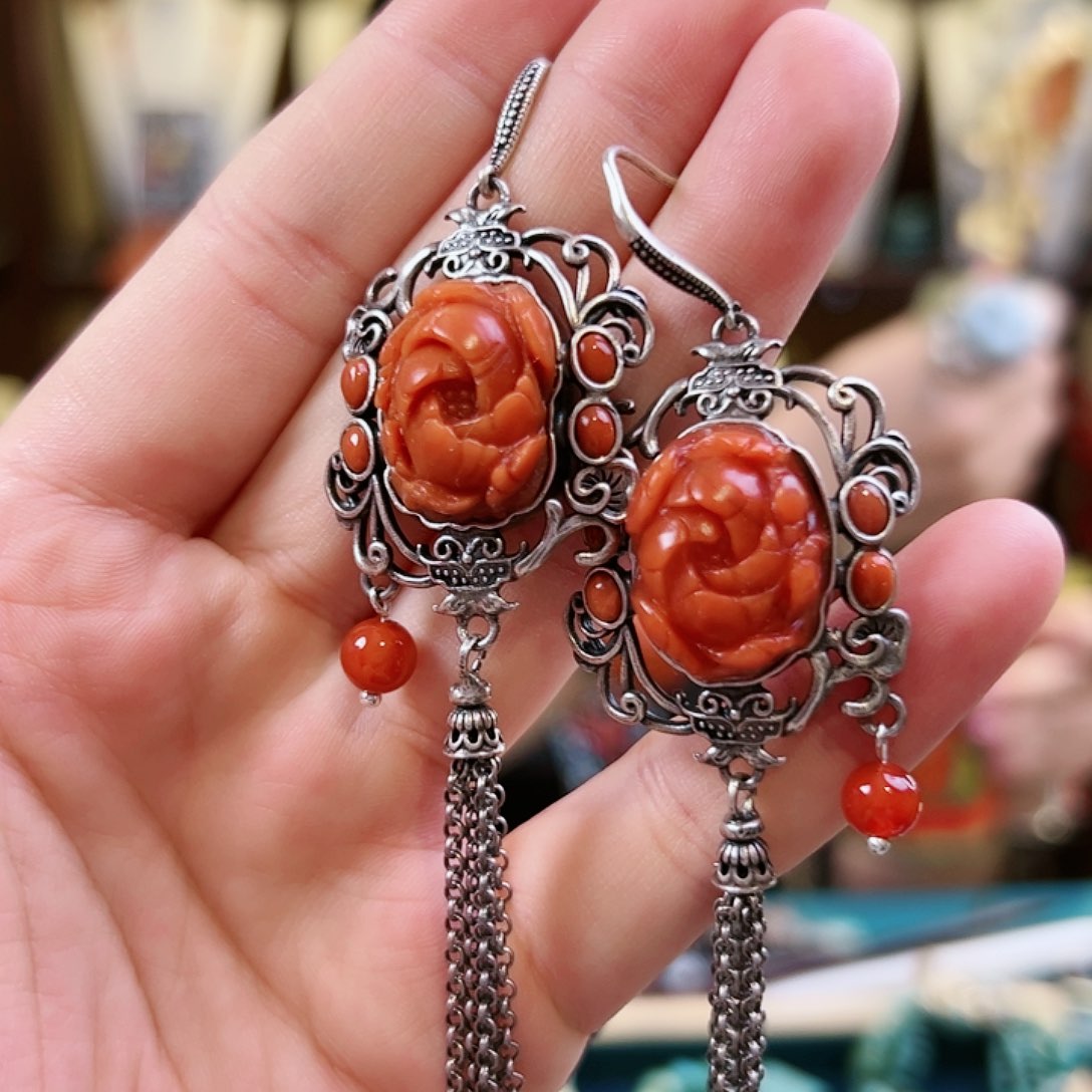 玛瑙/玉髓耳饰银S925镶嵌耳环