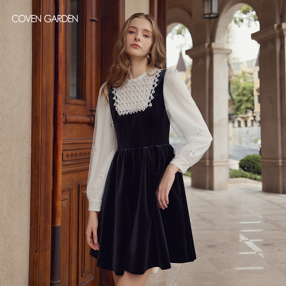 哥文花园丝绒拼接雪纺连衣裙CSA1081200