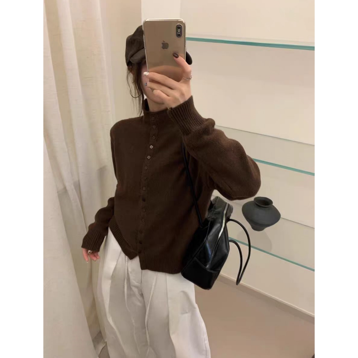 丽姐家~半高领方扣咖色秋季开衫毛衣上衣百搭时尚808