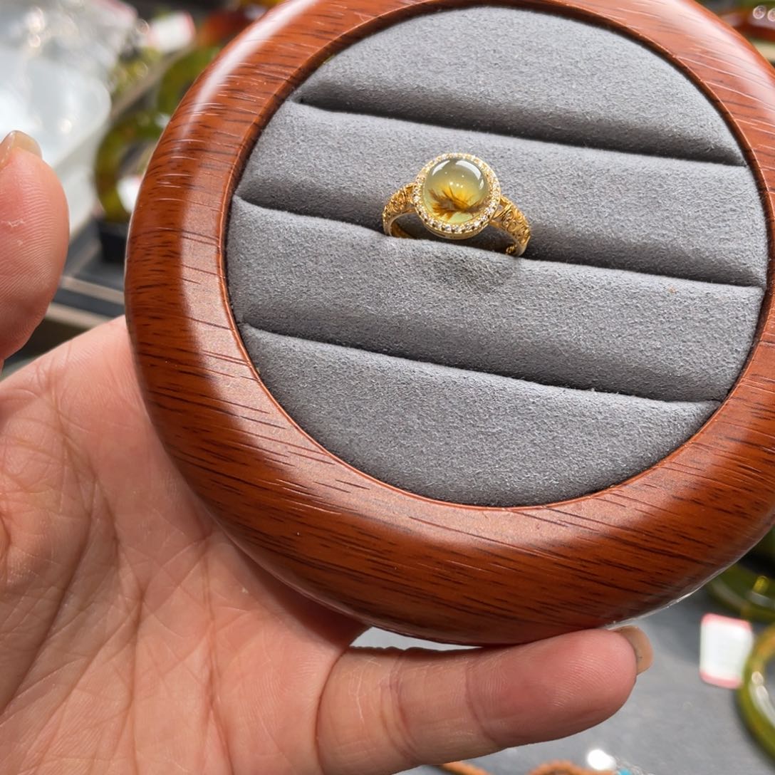 蛇纹石玉戒指银S925镀金镶嵌