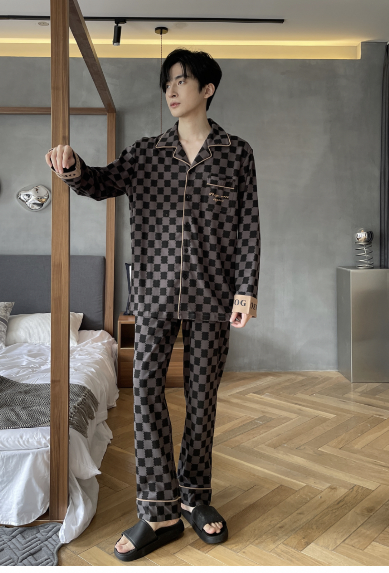 郑小姐~100%纯棉长袖男士睡衣家居服套装春秋款高档格子套装