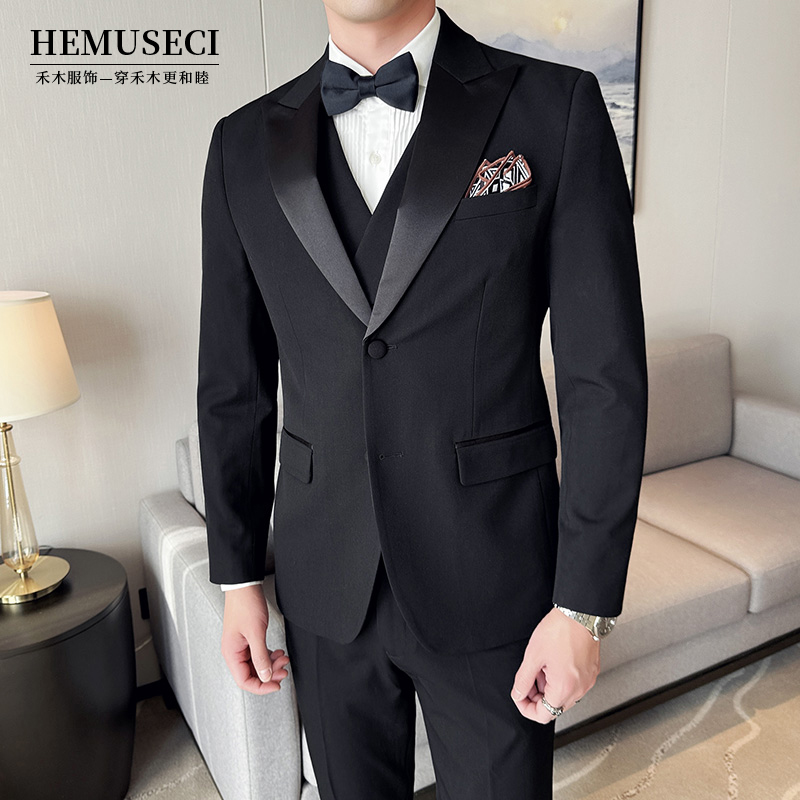 高端男士塔士多戗驳领西服套装青年正装潮流职业西装时尚婚礼帅气