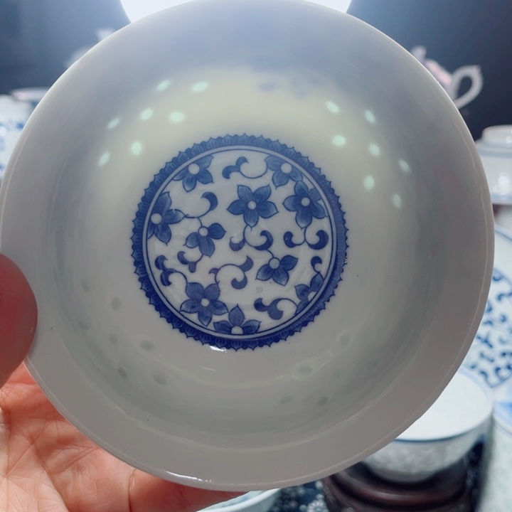 青花玲珑5寸饭碗紫荆花无花