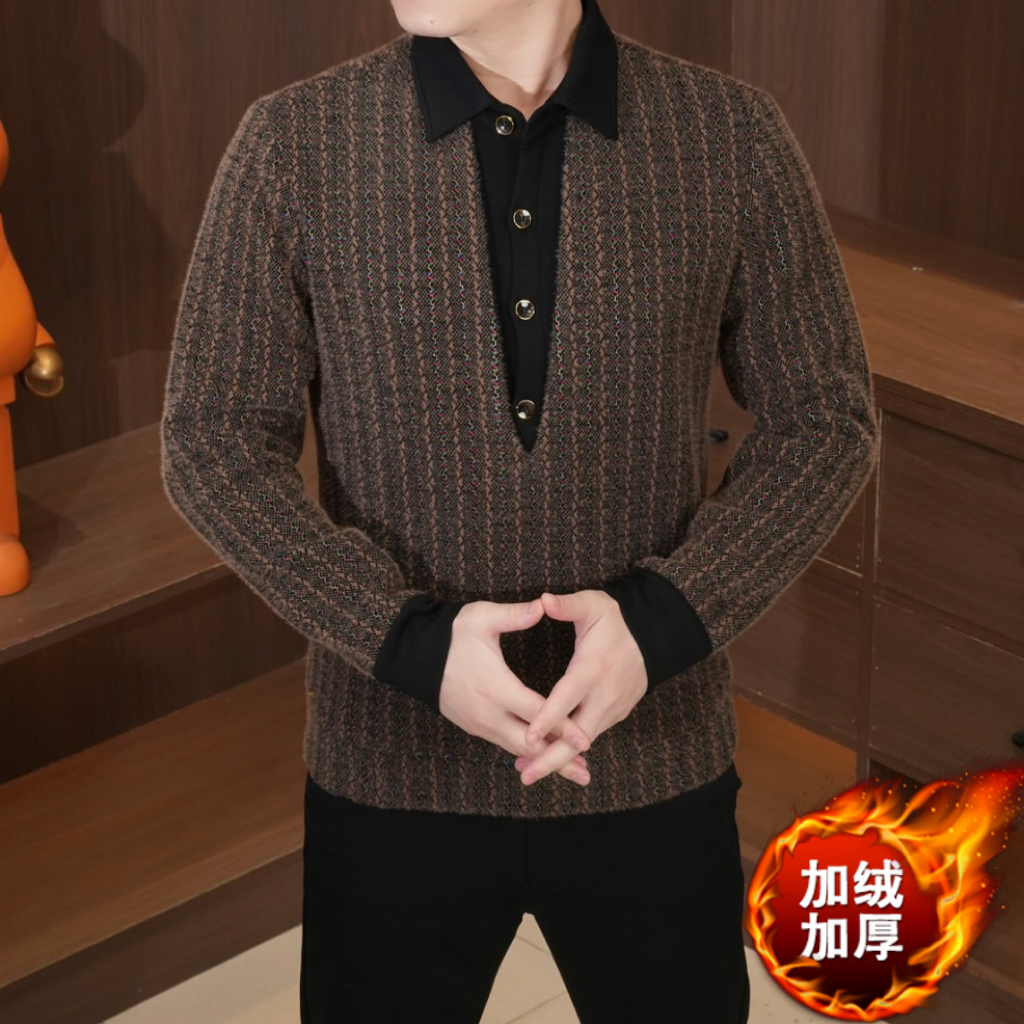 男士冬季假两件卫衣网红帅气加绒加厚长袖打底衫时尚休闲翻领