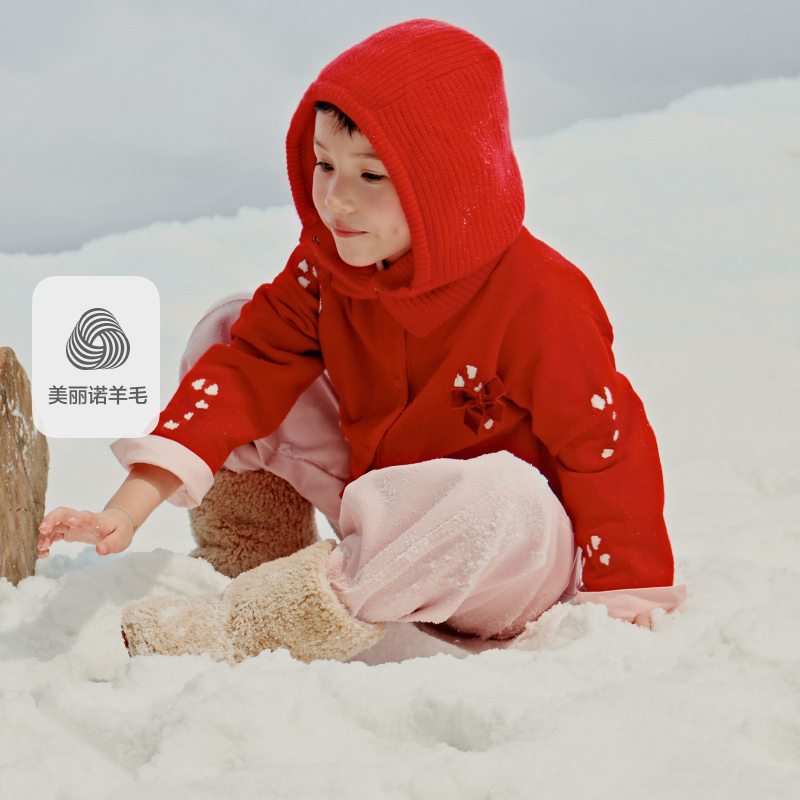 littlemoco童装25冬新款女童蝴蝶结毛衣开衫长袖节日