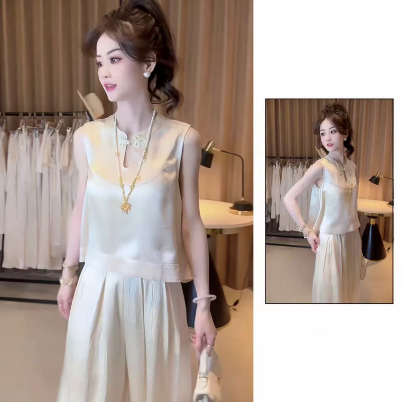 夏季2025新款一整套女装韩系穿搭禅意无袖上衣阔腿裤两件套2625