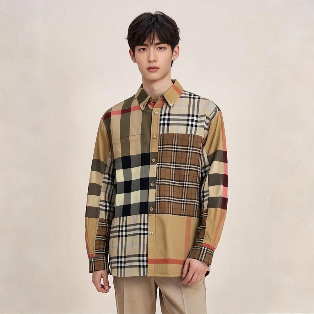 未使用 BURBERRY/博柏利 16433327 格纹拼接翻领衬衫 卡其色 M码