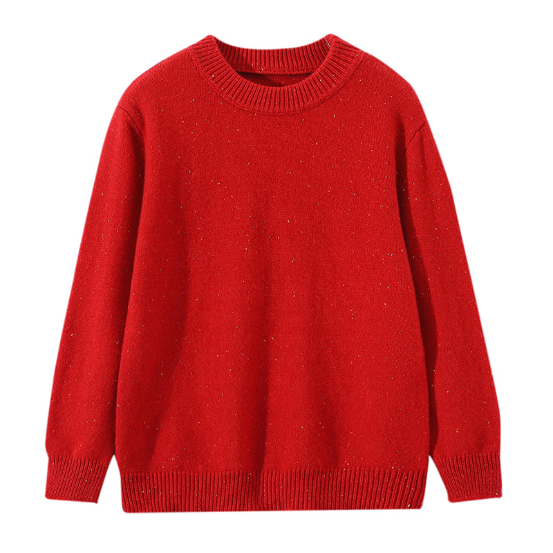 新款男女童100%羊毛衫彩点圆领长袖套头毛衣纯色针织时尚保暖上衣