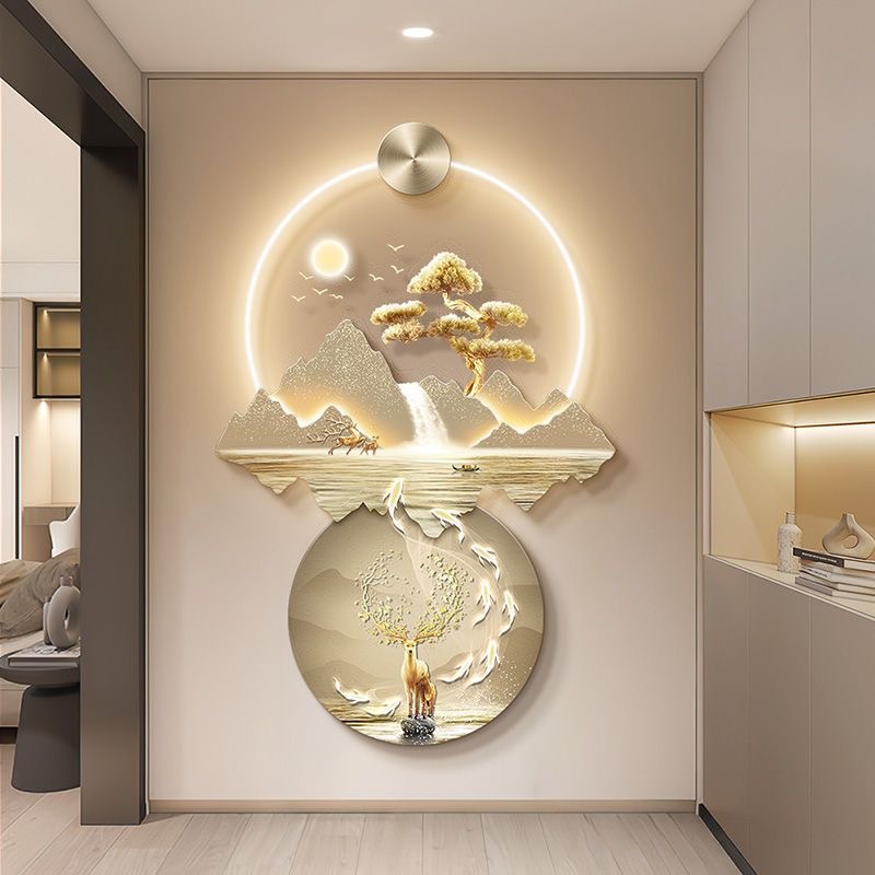 轻奢入户门玄关装饰画背靠金山新中式客厅走廊山水挂画正对墙壁灯