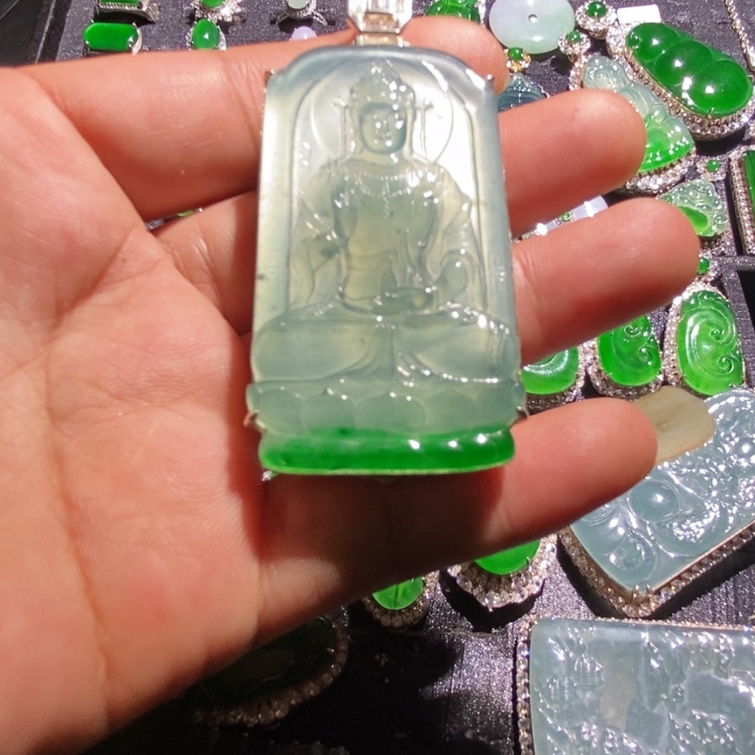 翡翠银S925镶嵌吊坠(不含链)A货翡翠9