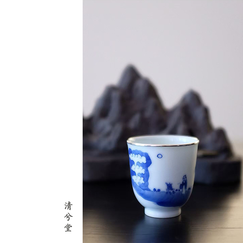 清兮堂柴窑手绘青花圈银松下问童子主人杯清物珍藏小闻香容量35ml