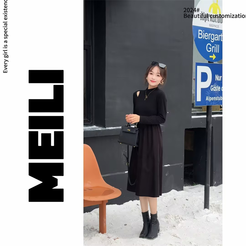 C-1223【美丽定制】秋冬季新款半高领过膝长袖荷叶边打底连衣裙