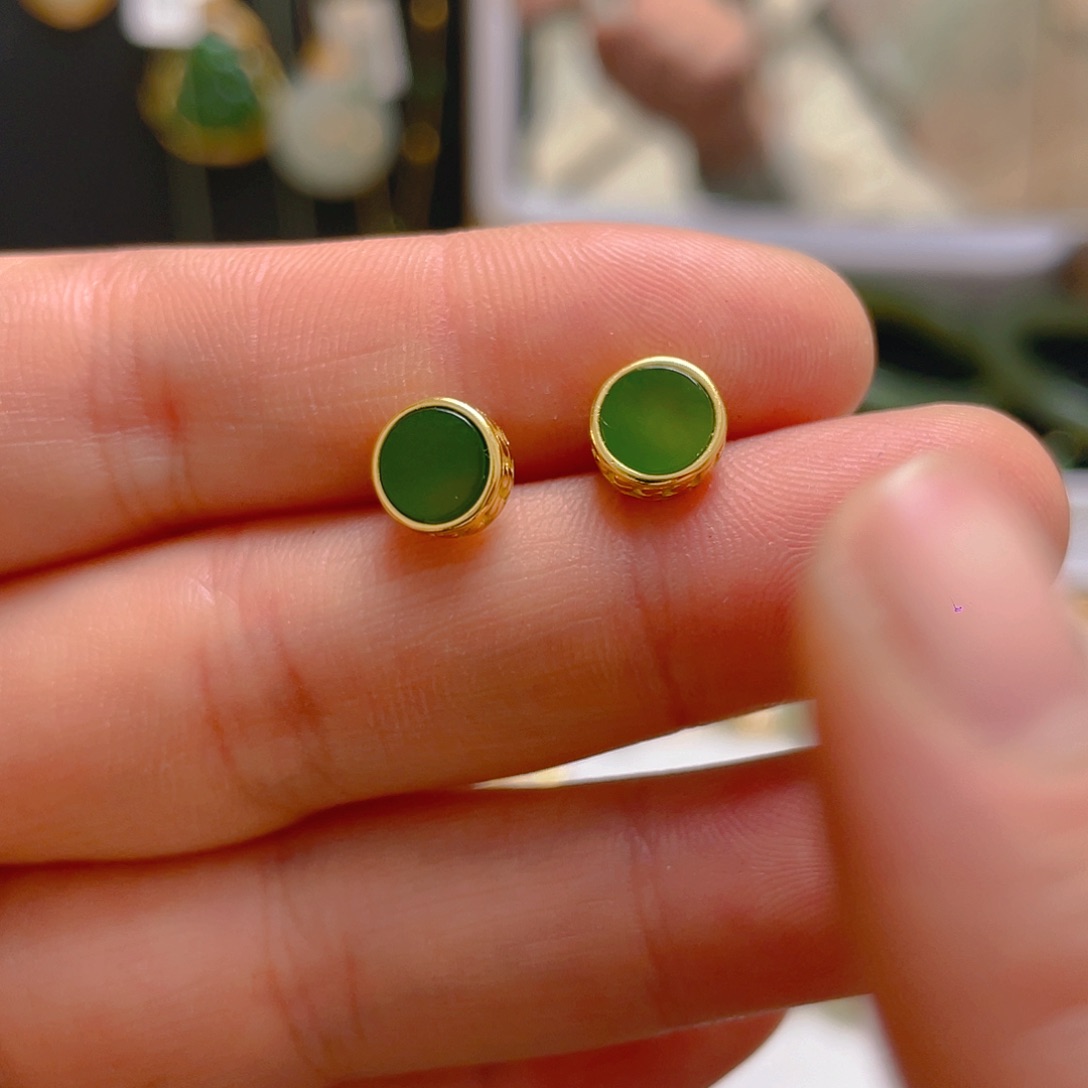 和田玉耳饰银S925镀金镶嵌