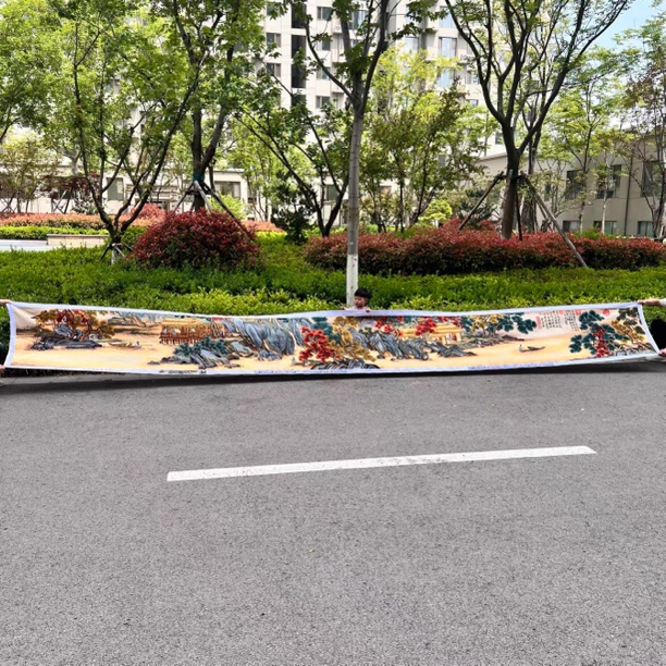 纯手工绣好的十字绣成品溪山渔隐图全景图山水画传世名画680乘73