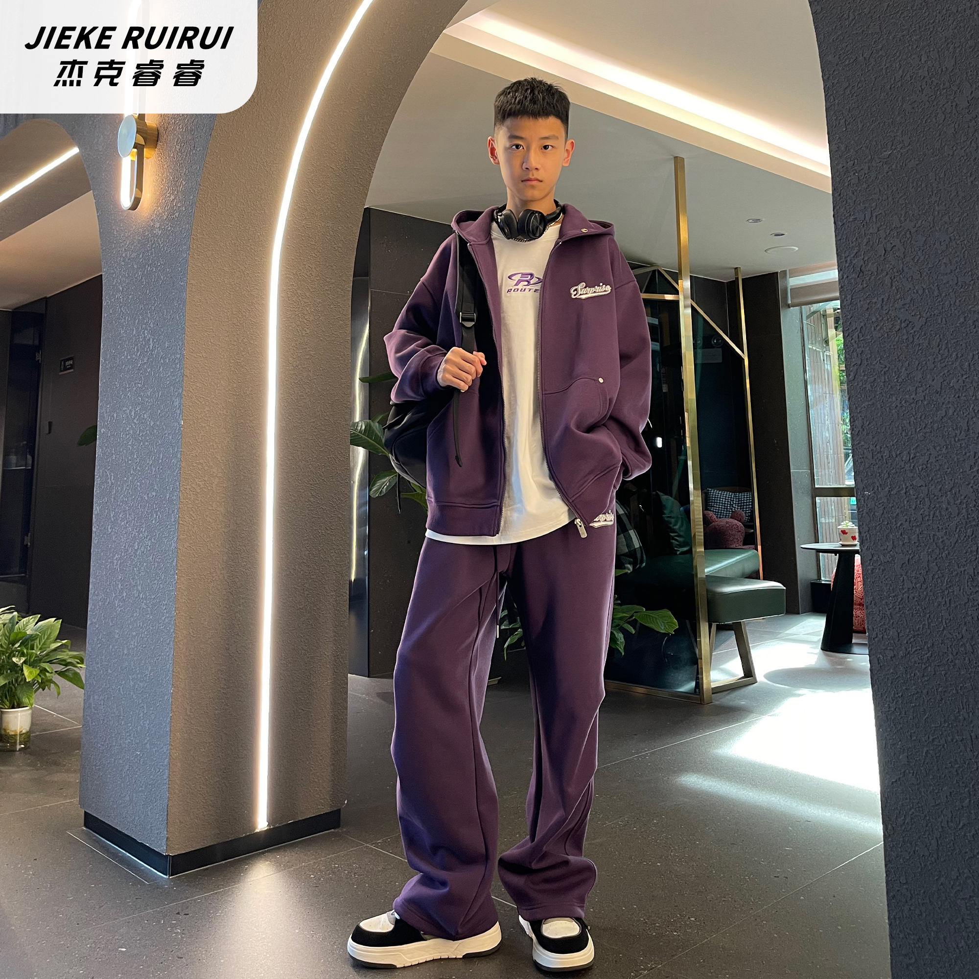 3649【睿】秋季绣花开衫双头拉链连帽外套套装大童休闲装潮