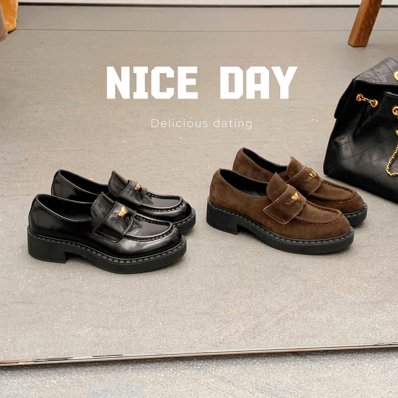 真皮~小个子厚底增高4CM小皮鞋女英伦风复古小金币乐福鞋粗跟单鞋