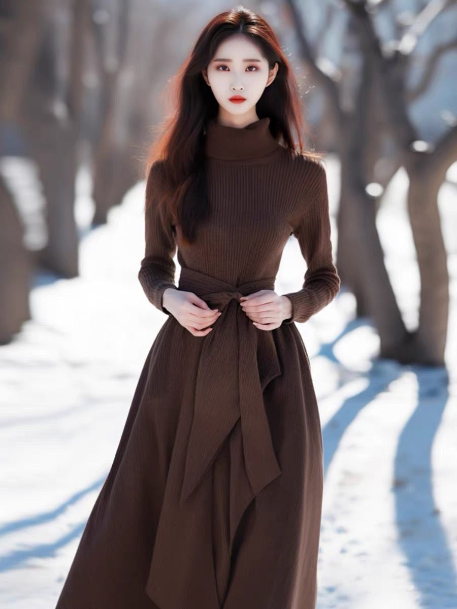 时尚针织新款连衣裙秋冬毛衣女装打底修身显瘦法式收腰裙子长款