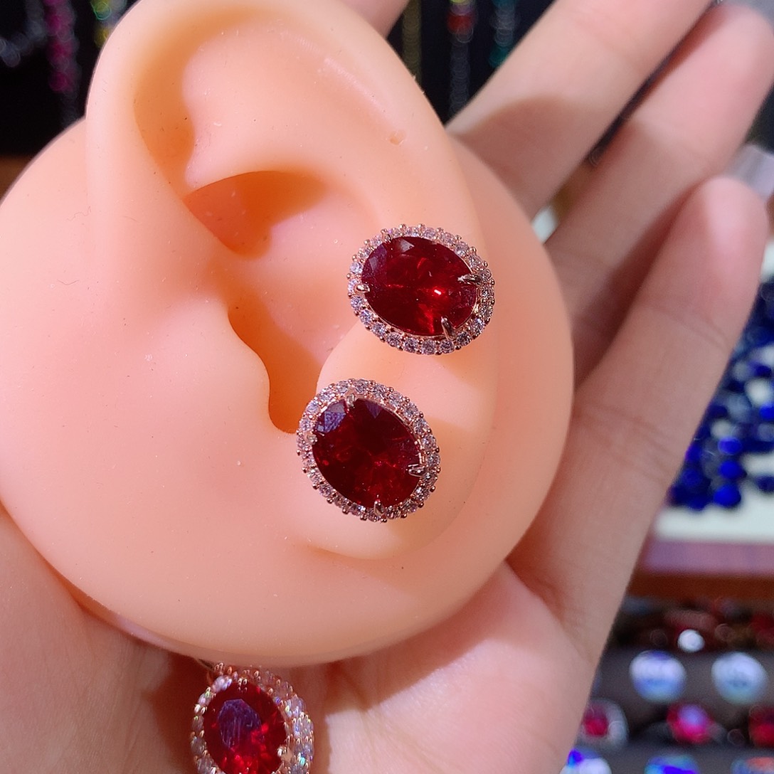耳饰银S925镶嵌红宝石玫瑰金酒红810